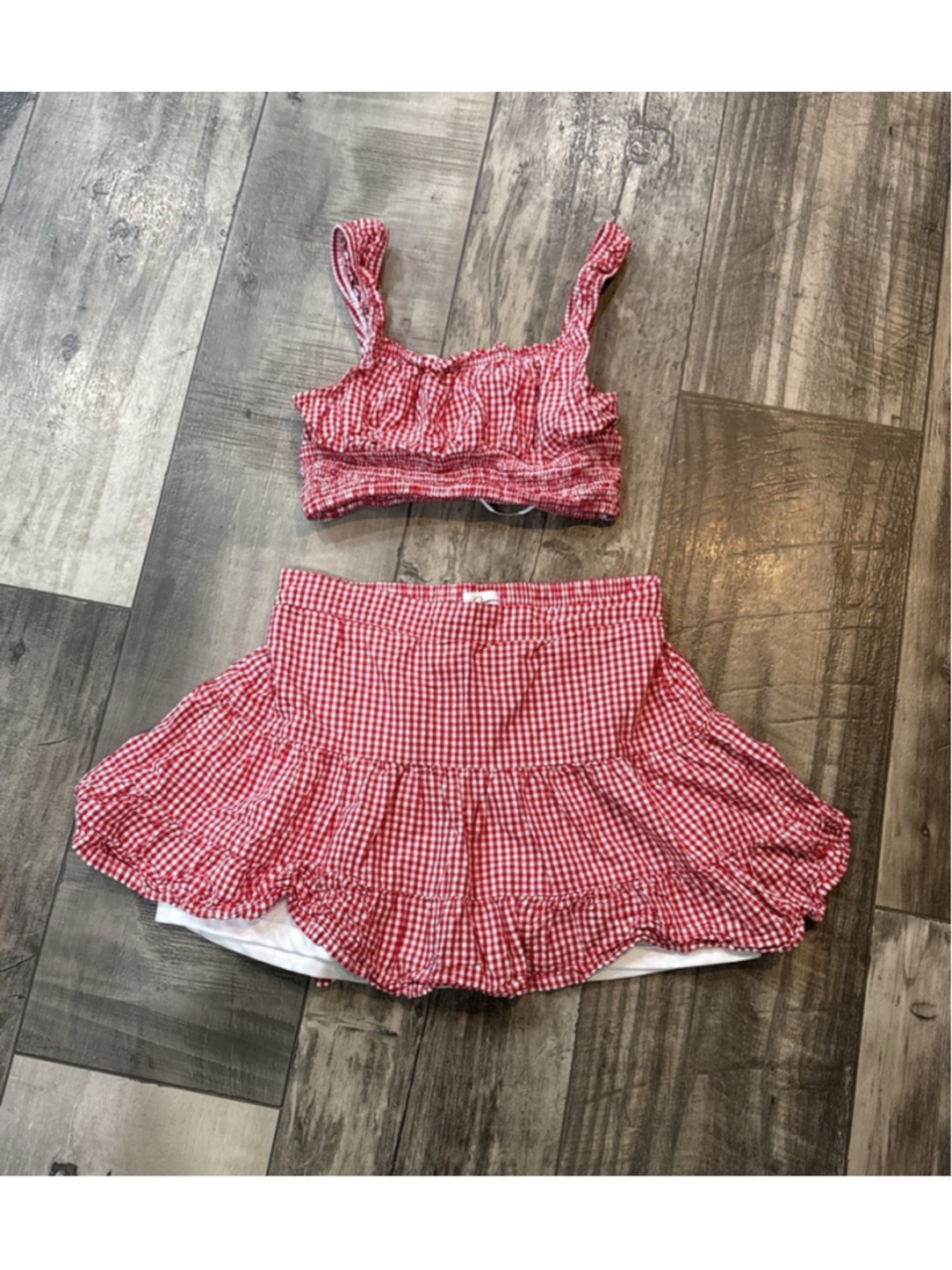 Japna Red White Gingham 2pc Smocked Ruffle Crop Top Skirt Set M Cotton Summer
